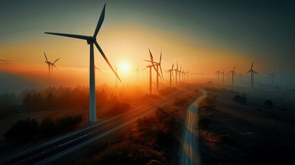 Obraz premium Expansive view of modern wind turbines stretching into the misty horizon at sunrise