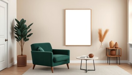 Elegant living room interior design with a blank frame for artwork display and comfortable seating