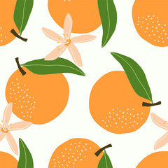 Seamless orange fruit pattern on a white background. Vector illustration for printing. Background with food and drinks. Cute baby background