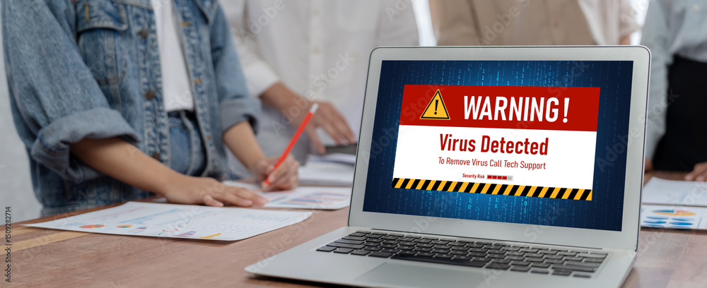 Poster Virus warning alert on computer screen detected brisk cyber threat , hacker, computer virus and malware