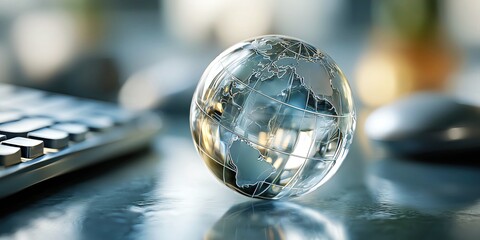 transparent earth globe reflecting keyboard and light with subtle metallic highlights symbolizing global networks, data, and innovation