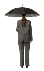 Young woman with black umbrella on white background, back view