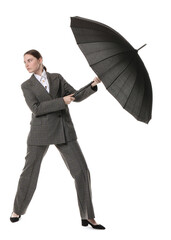 Young woman with black umbrella on white background