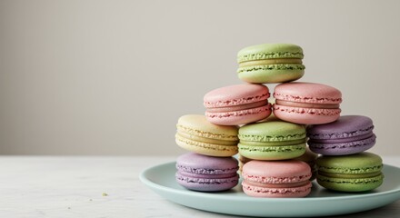 Delicate macarons stacked in a colorful tower on a pastel plate
