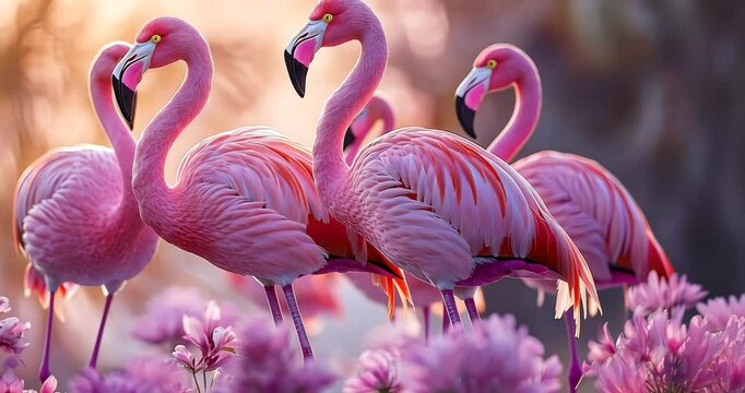 A close-up shot of pink flamingos standing in a field of flowers during golden hour.