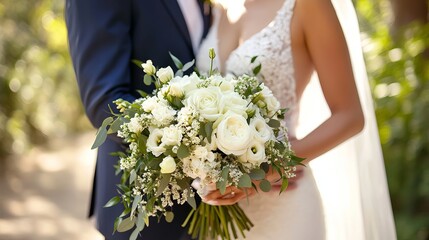 Elegant Wedding Couple Holding a Beautiful Bouquet of White and Green Flowers. 