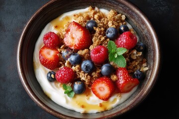 Joghurt Bowl Fr&uuml;chte Fr&uuml;hst&uuml;ck Granola Obstbecher Gesundes Fr&uuml;hst&uuml;ck M&uuml;sli Bowl Beeren Banane Honig Bowl Topping Joghurt mit Obst Knusper Granola Fr&uuml;hst&uuml;cksidee Gesund Sattmacher Frisch