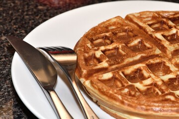 This image features a golden-brown waffle resting on a white plate, divided into four equal sections with a grid pattern characteristic of waffles. 