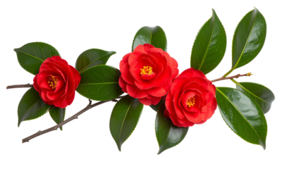 Camellia branch with red flowers and dark green leaves isolated on transparent background