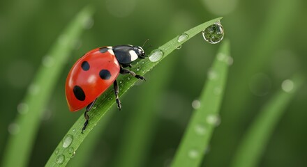 A ladybug crawling on a leaf with water droplets in macro photography