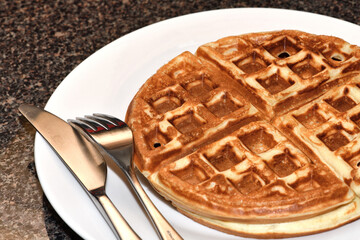 This image features a golden-brown waffle resting on a white plate, divided into four equal sections with a grid pattern characteristic of waffles. 