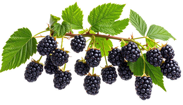 Branch of blackberry bramble with ripe berries and green leaves isolated on transparent background