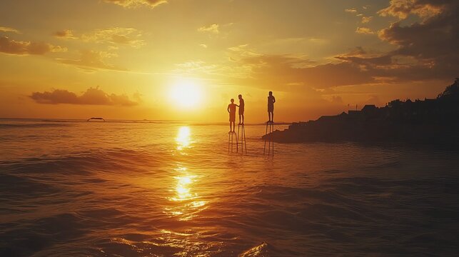 Fishermen on stilts in silhouette at the sunset in Galle, Sri Lanka 
