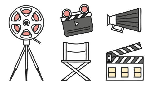 Collection of movie making equipment including a film reel tripod chair megaphone and clapboards