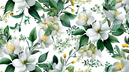 Watercolor pattern featuring white flowers and green leaves on a white background in a seamless design.,