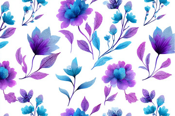 A seamless pattern of purple and blue flowers with leaves on a white background in a watercolor style
