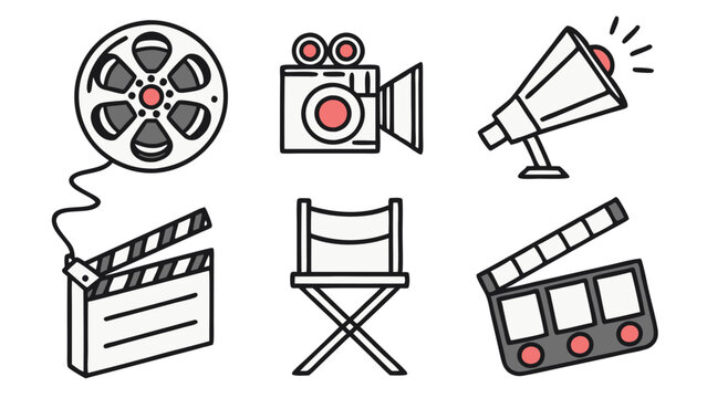 Collection of cinema related items including a film reel camera megaphone chair and clapperboards