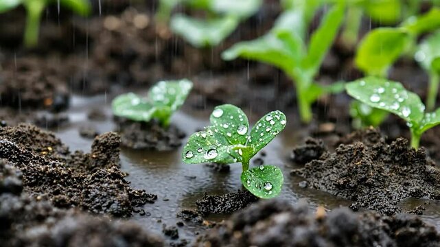 Young plants watered in a garden bed on a rainy day