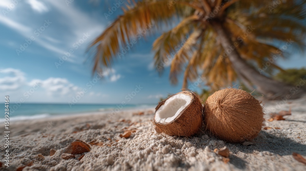 Poster two open coconuts rest on soft sand along a stunning beach, surrounded by palm trees. the bright sky
