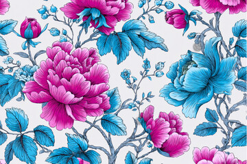 Detailed floral pattern with pink and blue flowers and leaves on a white background design texture wallpaper