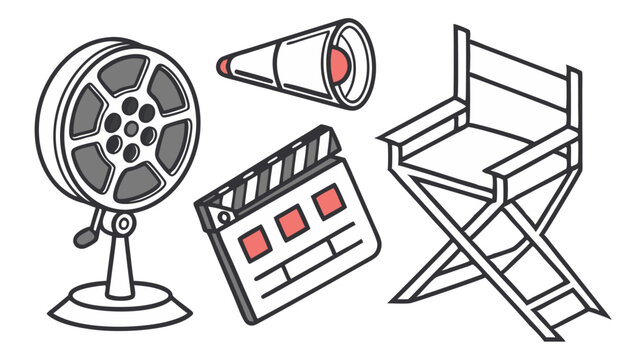 Isolated set of movie production tools including a reel megaphone clapperboard and director chair