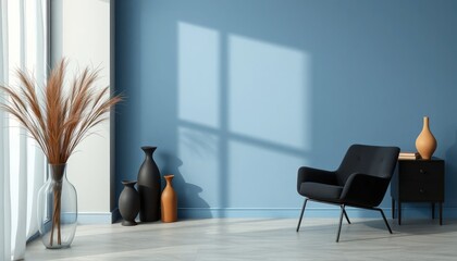 Minimalist blue living room interior with modern furniture and soft light from the window