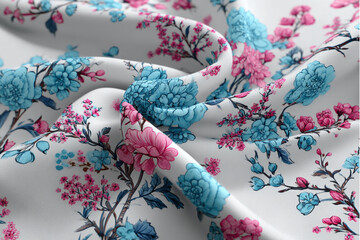 Close up of a white fabric with a floral pattern of blue and pink flowers and dark stems folded