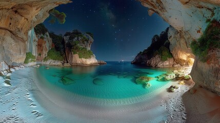 Obraz premium Enchanted Cove: A Nighttime Seascape from a Cave's Embrace