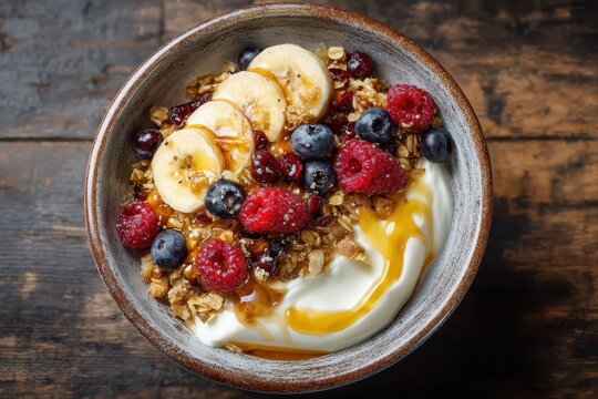 Joghurt Bowl Fr&uuml;chte Fr&uuml;hst&uuml;ck Granola Obstbecher Gesundes Fr&uuml;hst&uuml;ck M&uuml;sli Bowl Beeren Banane Honig Bowl Topping Joghurt mit Obst Knusper Granola Fr&uuml;hst&uuml;cksidee Gesund Sattmacher Frisch