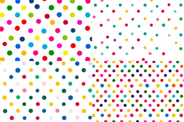 Various polka dot patterns in different densities and colors on a white background in four sections
