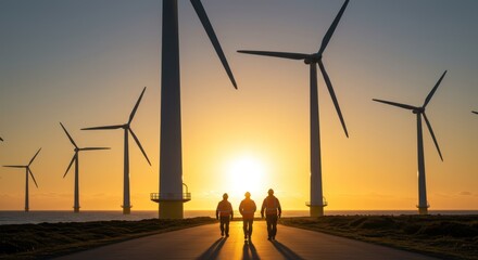 Three engineers walking towards offshore wind turbine farm at golden sunset