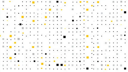 A scattered array of black dots and squares in yellow, gray, and black on a white background grid