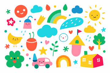 "Cute Crayon Kids Art &ndash; School, Nature, and Summer Elements Sketch Background" seamless pattern with houses