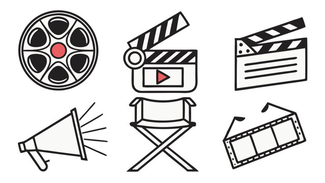 Collection of filmmaking equipment including a reel clapperboard chair and megaphone in monochrome