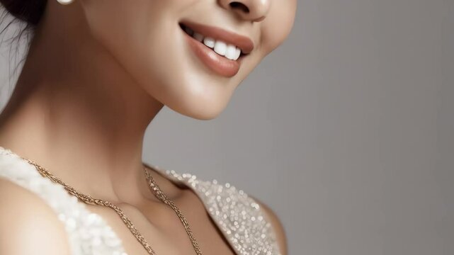 Elegant woman smiles, wearing diamond floral earrings with pearls, showing healthy skin and white teeth in closeup portrait