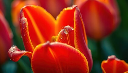 Vibrant close-up of red tulips with delicate water droplets on petals