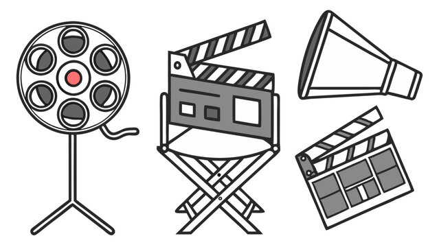 Reel of film on stand director chair megaphone and clapperboard representing the cinema industry