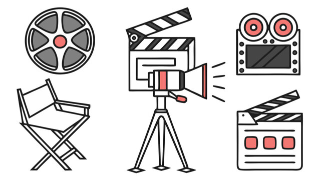 Depiction of film production elements including a camera, clapboard, reel, and director's chair