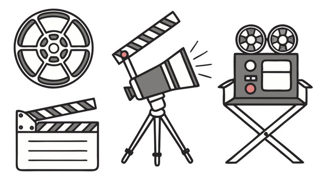 Film reel, clapperboard, camera on tripod, and director's chair in a stylized graphic depiction