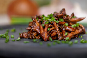 Shimeji mushroom served with chives on black stone plate. Typical oriental meal. Detail of food dish, closeup, selective focus.