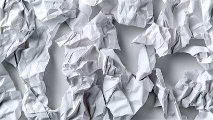 An overhead shot of many pieces of crumpled white paper scattered across a light gray surface evenly lit
