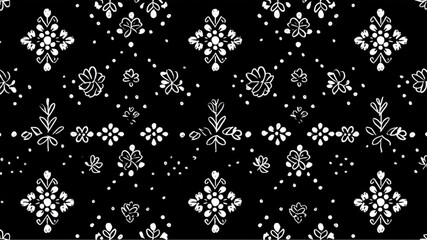 Black background with white floral pattern and scattered dots in a repeating design style art