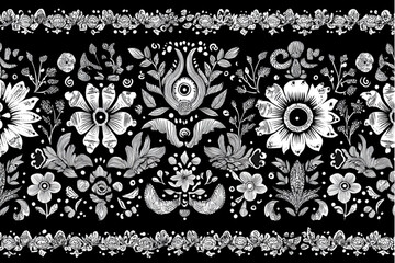 Black and white floral pattern with decorative elements in a repeating horizontal arrangement design