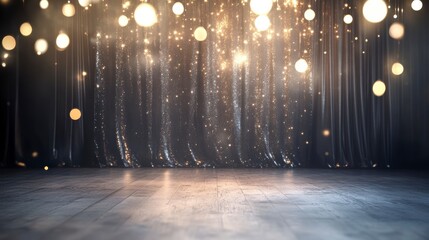 Glittering stage curtain with bokeh lights and wooden floor.