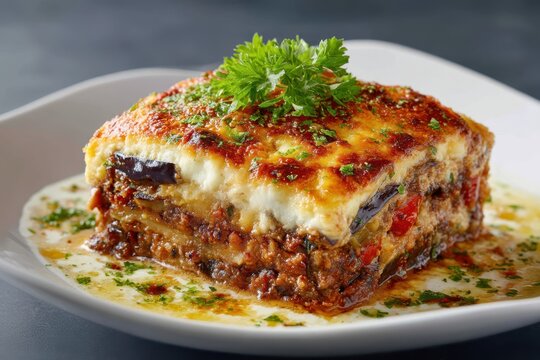 Moussaka Auberginen Auflauf Griechisches Gericht Hackfleisch Bechamel Ofengericht Mittelmeerk&uuml;che Schichtauflauf Hausgemacht Griechische K&uuml;che Traditionell &Uuml;berbacken Deftig Herzhaft S&auml;ttigend
