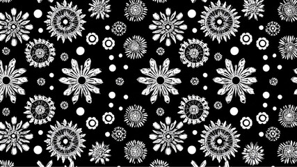 A black background filled with white floral patterns and scattered white circles in a repeating pattern