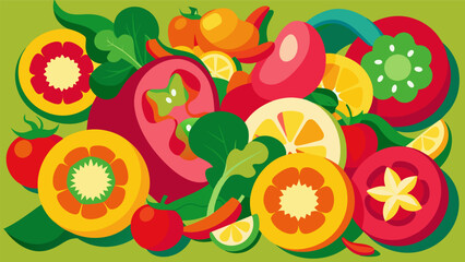 A colorful array of bell peppers and radishes are thinly sliced and added as a garnish to the salad.. Vector illustration