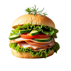 Delicious turkey sandwich with vegetables isolated on white background