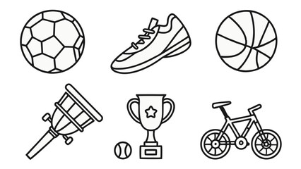Fototapeta premium Collection of outlined sporting equipment including balls, shoe, lacrosse stick, trophy, and bicycle design