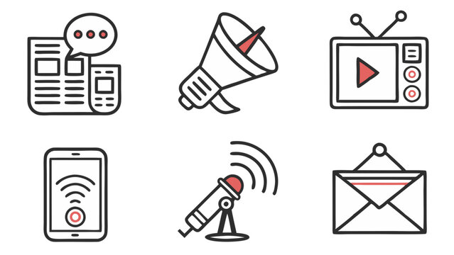 Collection of media communication icons including newspaper megaphone television phone microphone and mail